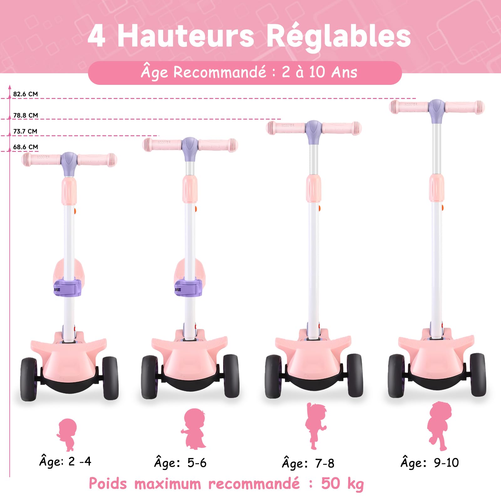 Trottinette Enfant 2 en 1 avec Siège Amovible, 3 Roues Lumineuses et 4 Hauteurs Réglables, Trottinette à Pousser Assise ou Debout pour Filles et Garçons de 2 à 10 Ans