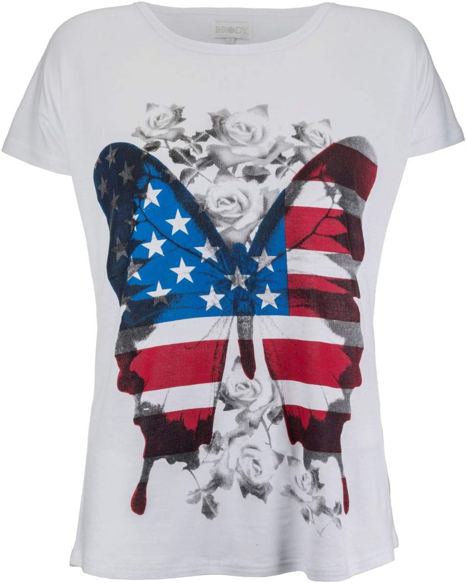 Brody & Co. Womens Butterfly T-Shirts Ladies Soccer Football Rose Print USA Stars and Stripes Flag