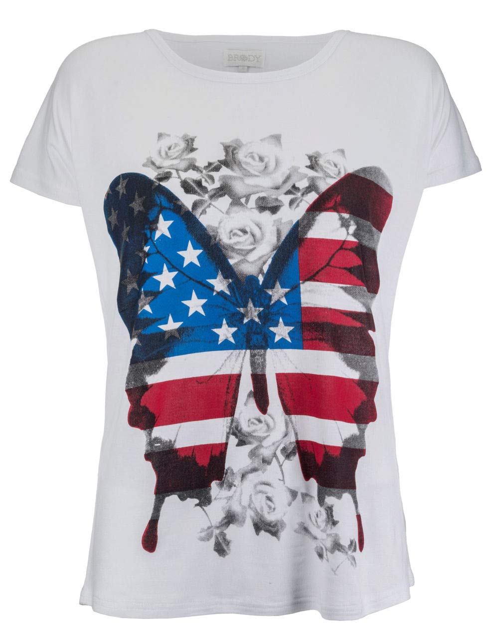 Brody & Co. Womens Butterfly T-Shirts Ladies Soccer Football Rose Print USA Stars and Stripes Flag