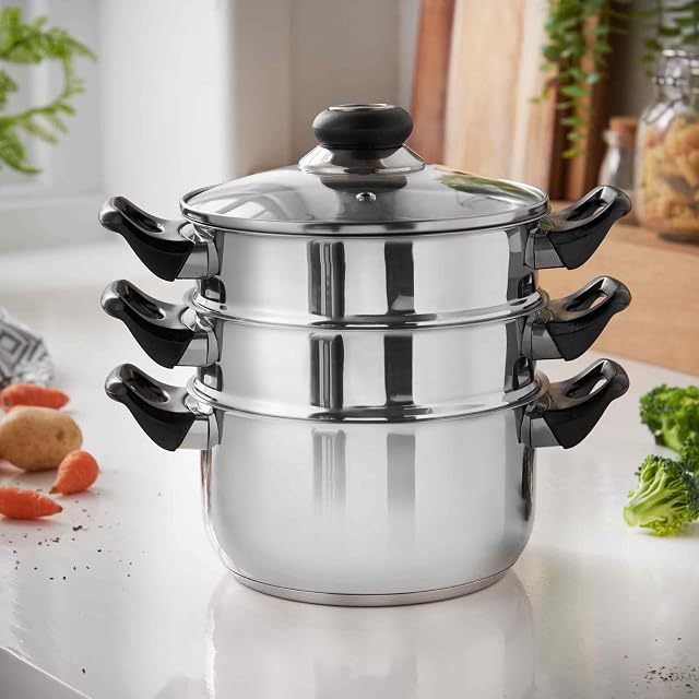 LEWIS'S Induction Steamer Pans 3-Tier with Glass Lid, Silicone Handles, Stainless Steel, Steamer Cooking, Polished Mirror Finish (Silver, 18cm)