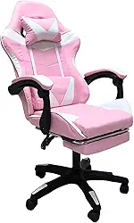 Cadeira Gamer Rosa com Apoio de Pés e Cabeça Almofada Ergonômica, Encosto Reclinável e Altura Ajustável
