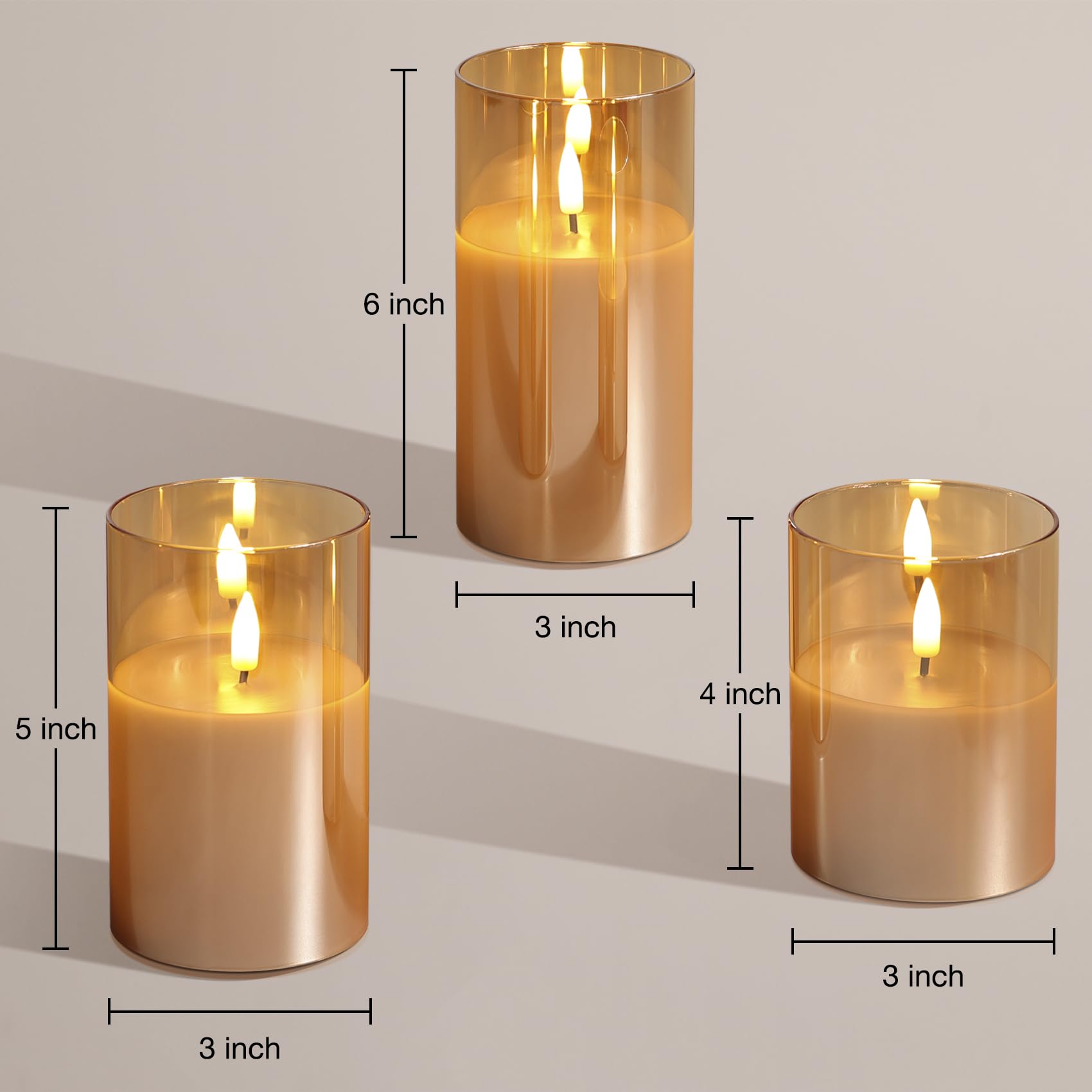 Eywamage Candele natalizie senza fiamma in vetro dorato con telecomando, batteria tremolante a LED, set di 3
