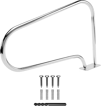 FibroPool Small Stainless Steel Pool Handrail 30 Grab Rail with Easy Mount Base Plate, Rustproof Deck Railing for Inground Pools & Spas, Compact Safety Handle