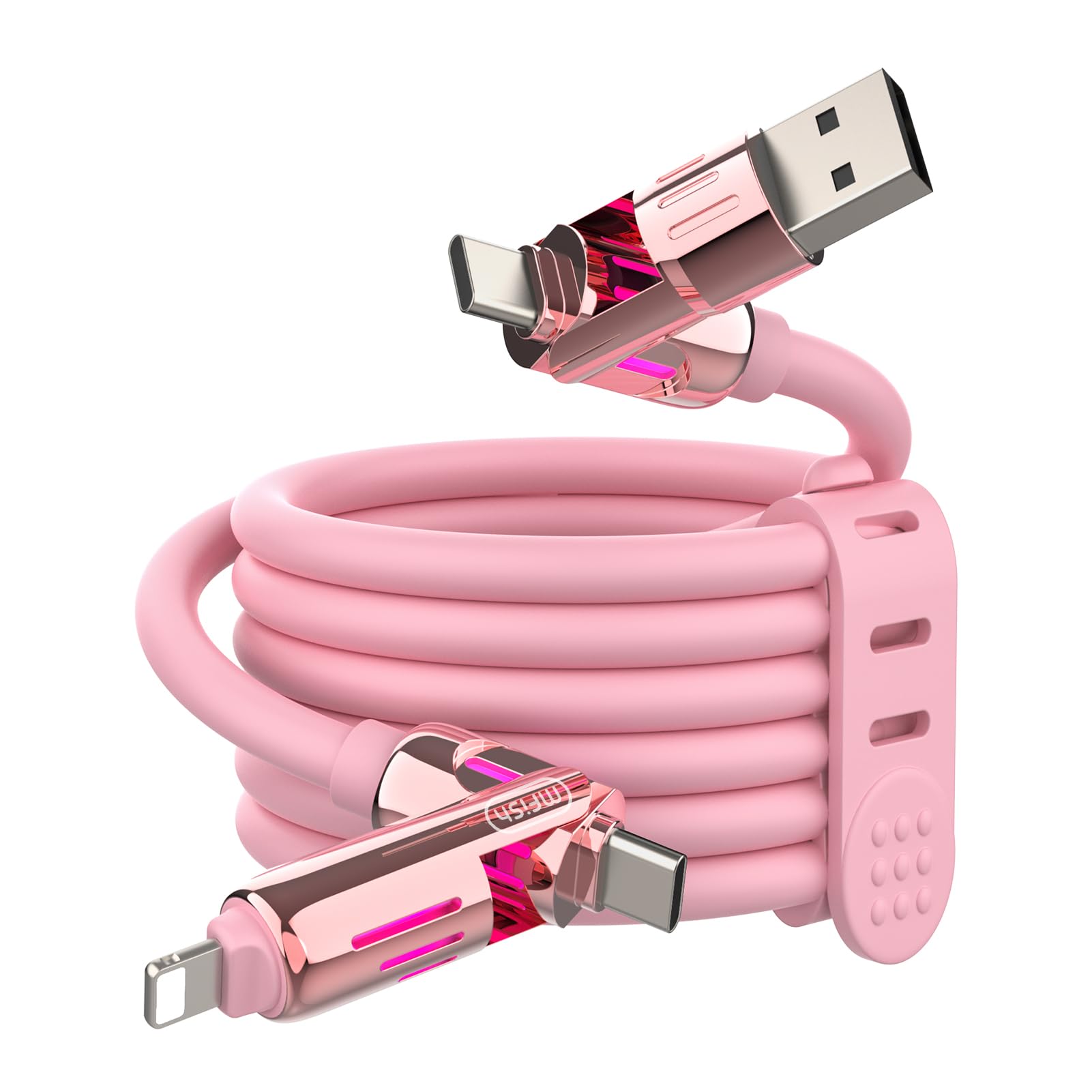 MFish 240W 4-in-1 충전 케이블, 휴대용 케이스 포함, 1.8m(6.6피트) 고속 충전기 USB-A 및 USB-C to USB-C/라이트닝, 아이폰 17/16/15/14, 맥북, 아이패드, 삼성 S25/S24용 (핑크, 1.8m(6.6피트)