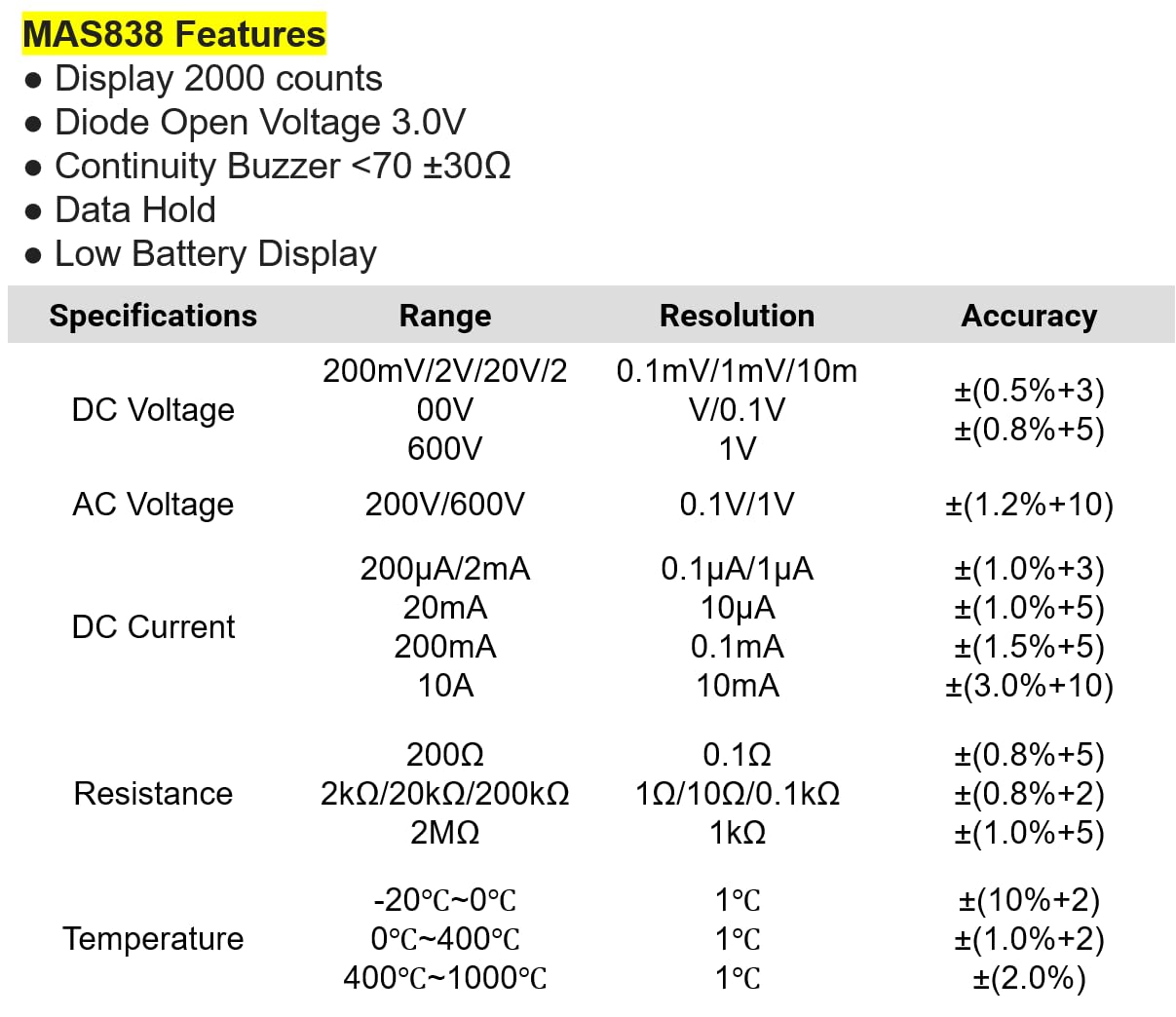 MASTECH MAS830B MAS830L MAS838 Multímetro digital pantalla 2000 cuentas; Zumbador de continuidad menos de 70 ±30Ω, Indicador de batería baja(MAS838)