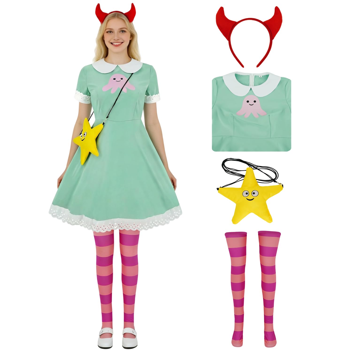JQAKFIY Princess Star Costume Short Sleeves Princess Dress Halloween Cosplay Dress Up with Devil Horns Headband Tights, Green, Medium