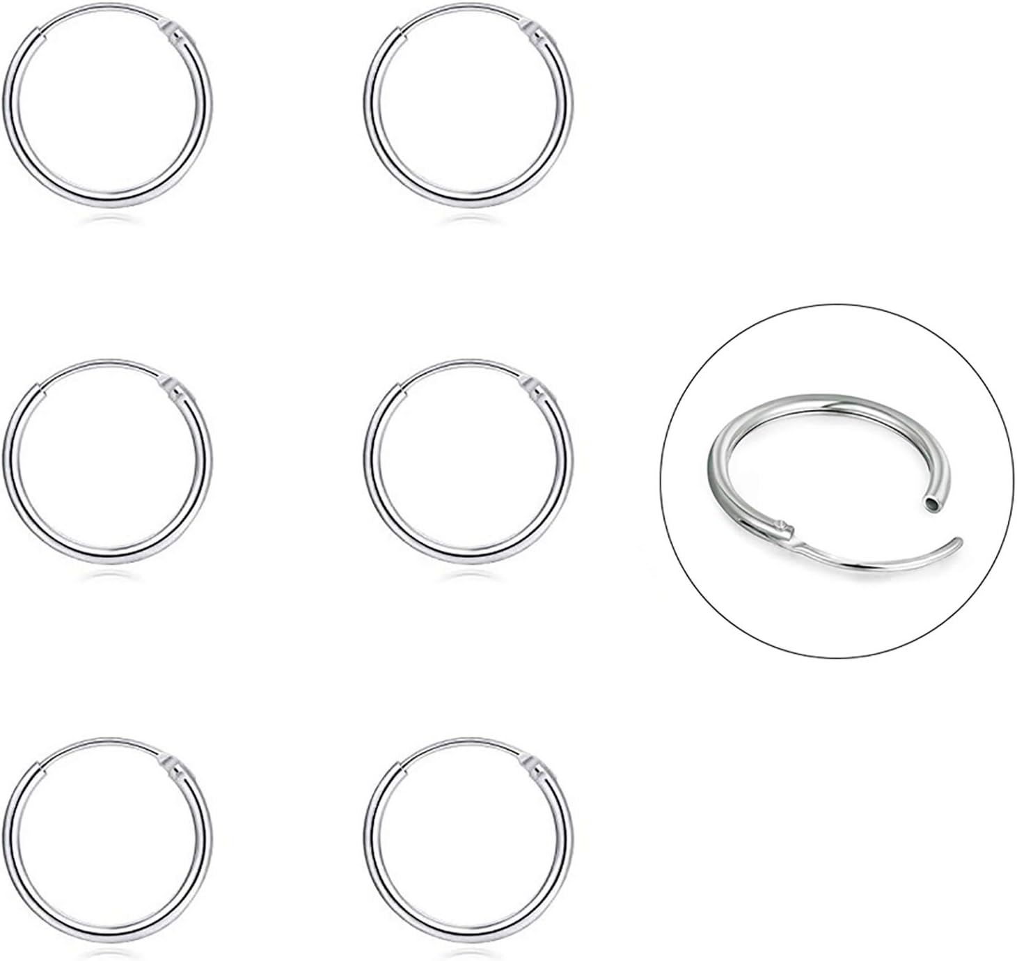 Silver Hoop Earrings- Cartilage Endless Small Hoop Earrings Set for Women Men Girls, 3 Pairs of Hypoallergenic 925 Sterling Silver Tragus Earrings Nose Lip Rings