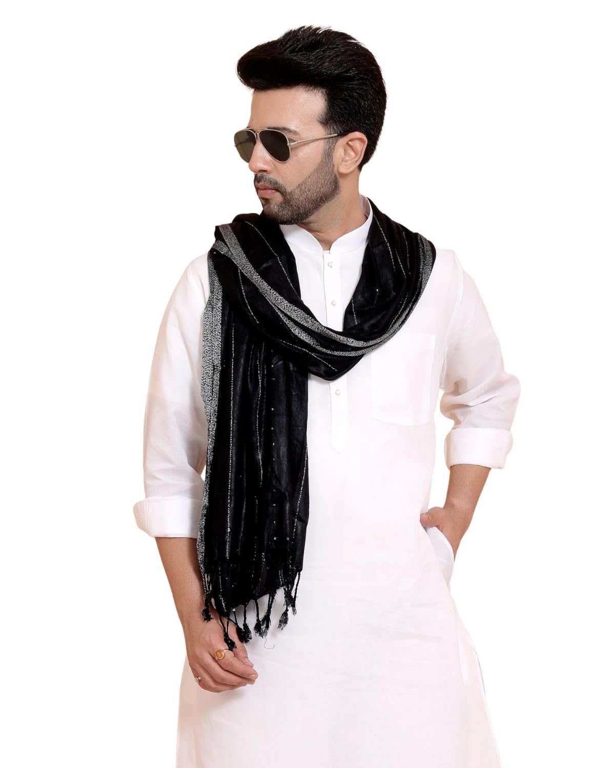 ebadat Traditional Black Men’s Shawl with Silver Edges – Festival & Formal Wrap (Pack Of 1)-picture-11