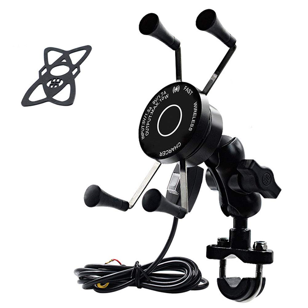 Miaollun Black Motorcycle Phone Mount Wireless Charger, Qc3.0 Usb Dual Fast Charging Mobile Phone Holder, 360 Degree Rotatable, Suitable For 4.7-7.5 Inch Phone,