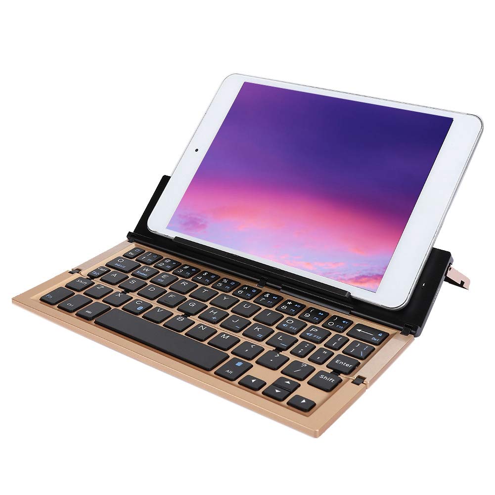 Bewinner Klawiatura do tabletu składana, przenośna mini klawiatura ze stopu aluminium bezprzewodowe akcesoria komputerowe ze stojakiem na telefony komórkowe i tablety złota