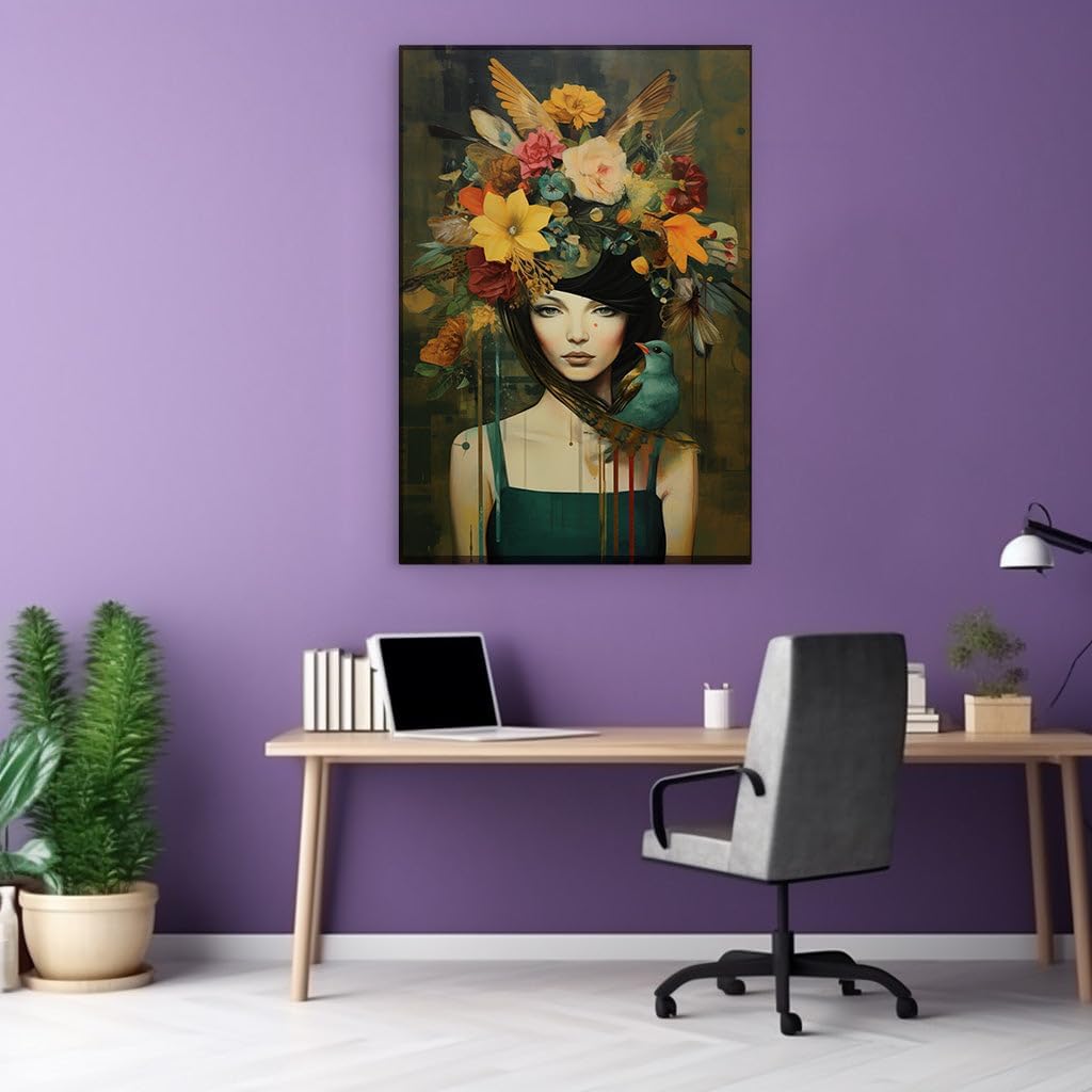 Canvas for Living Room. Enchanted Vision in Oil The Woman with The Floral Headdress and Her Feathered Companion, 27 x 18 inch Canvas Wall Art - Ready to Hang