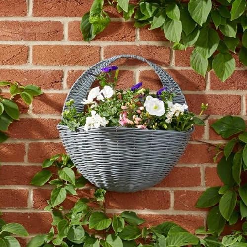 Garden Mile Slate Rattan Hanging Basket Outdoor Durable Basket For Garden Decorations, Patio Hanging Flower Planters - Weatherproof Garden Planter (Wall Basket, 1)