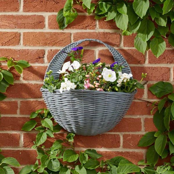Garden Mile 38cm Slate Rattan Hanging Basket Outdoor - Heavy Duty Grey Wall Basket With 7.5L Capacity - Weatherproof Garden Planter for Garden Decorations, Flower Hanging Planters & Gardening Gifts
