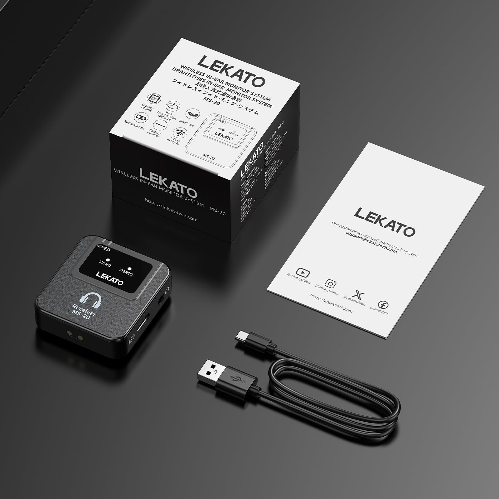 LEKATO Kabelloses In-Ear-Monitorsystem mit Ladehülle, professionelles 2,4 G Stereo, kabelloses IEM-System mit Sender, Gürtelpack-Empfänger für Studio, Bandprobe, kleiner Auftritt, OTG-Unterstützung