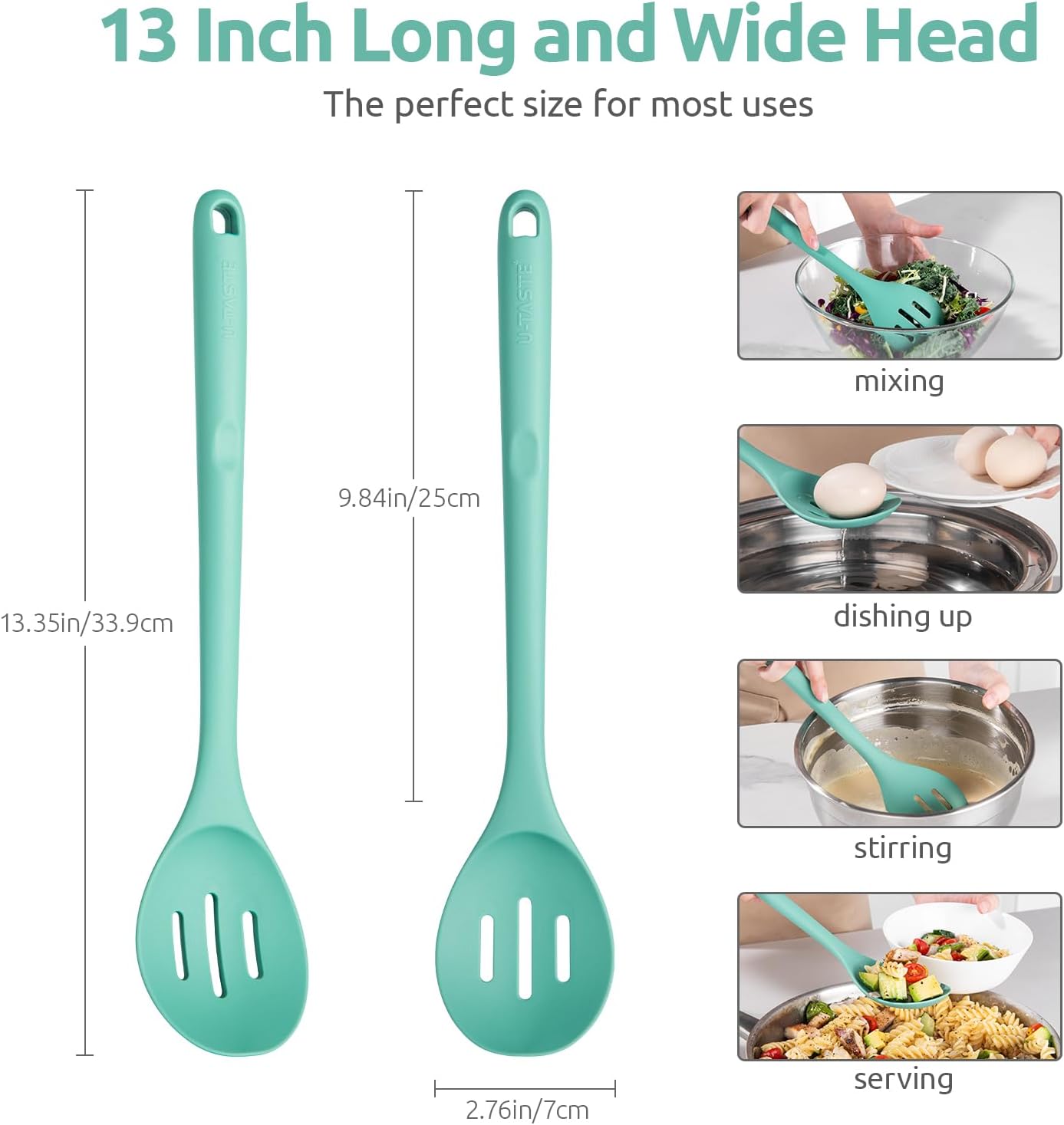 U-Taste 18/8 Stainless Steel Measuring Cups and Spoons Set (Set of 10, Aqua Sky), and 600℉ Heat Proof Long Non-Scratch Silicone Solid & Slotted Cooking Spoon for Mixing & Serving (Set of 2, Aqua Sky)