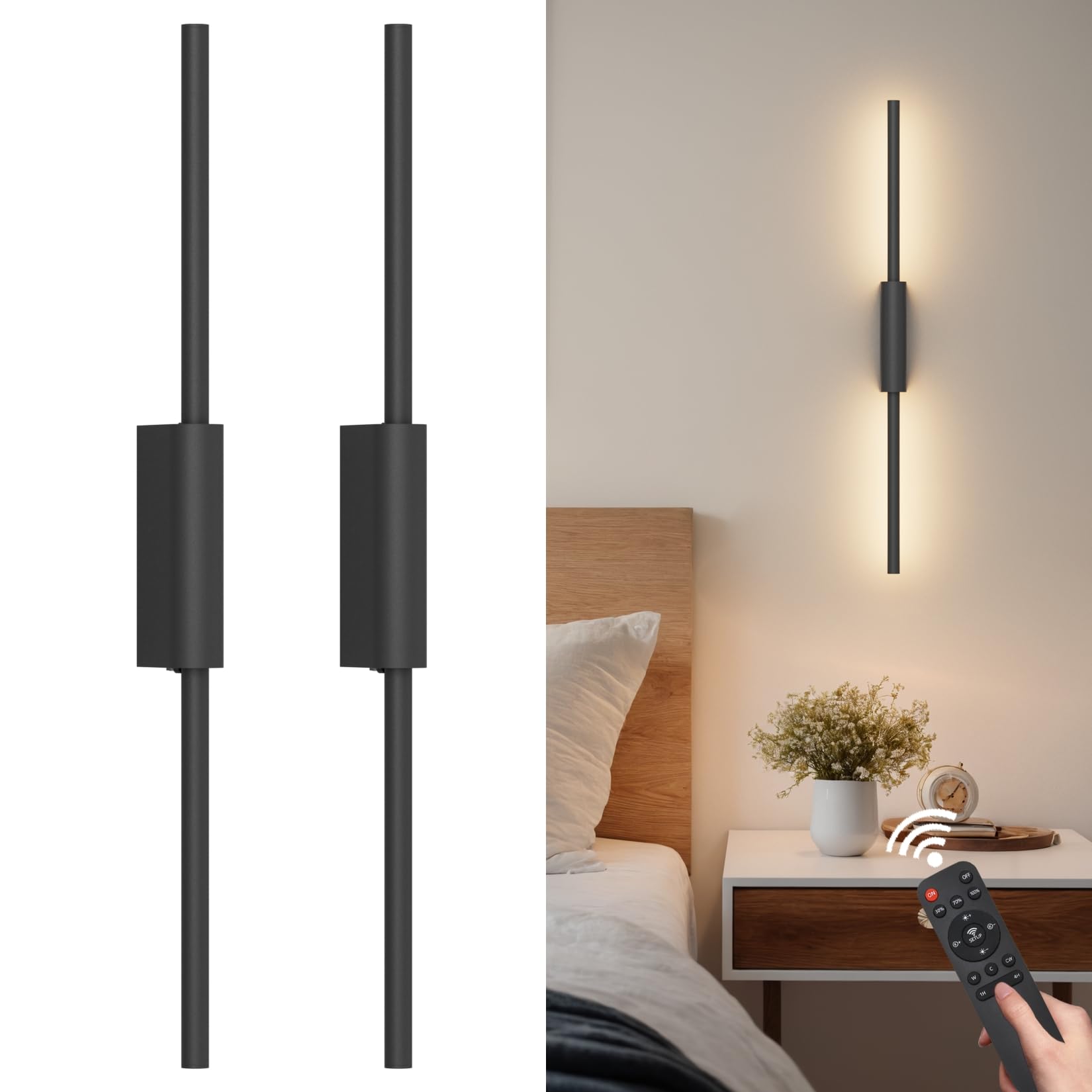 23.6In Battery Operated Wall Sconces Set of Two,10000mAh Rechargeable Sconce 3 Colors Dimmable Wireless Sconces for Living Room