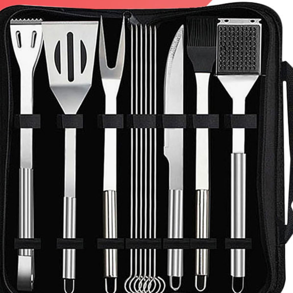 Grillbesteck mit Tasche 12 Stück aus Edelstahl für Outdoor | Schwarz, Schaufel Zange Messer Gabel Bürste Stahlbürste Spieß, für Picknick und Camping