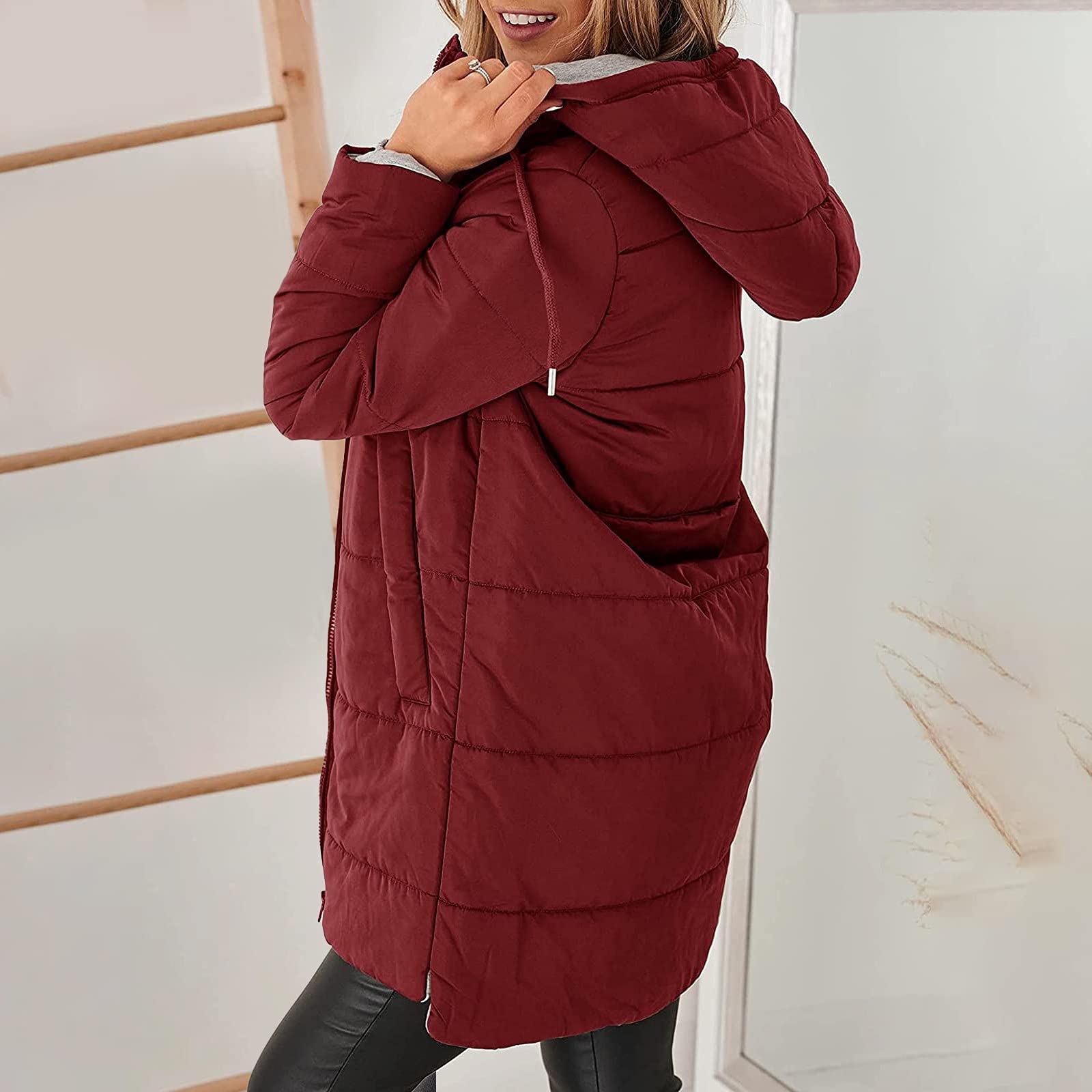 Abrigo acolchado largo para mujer, abrigo con capucha, abrigo de invierno, cálido, chaqueta con capucha con cremallera, bolsillos, chaqueta de invierno para mujer, chaqueta acolchada larga con