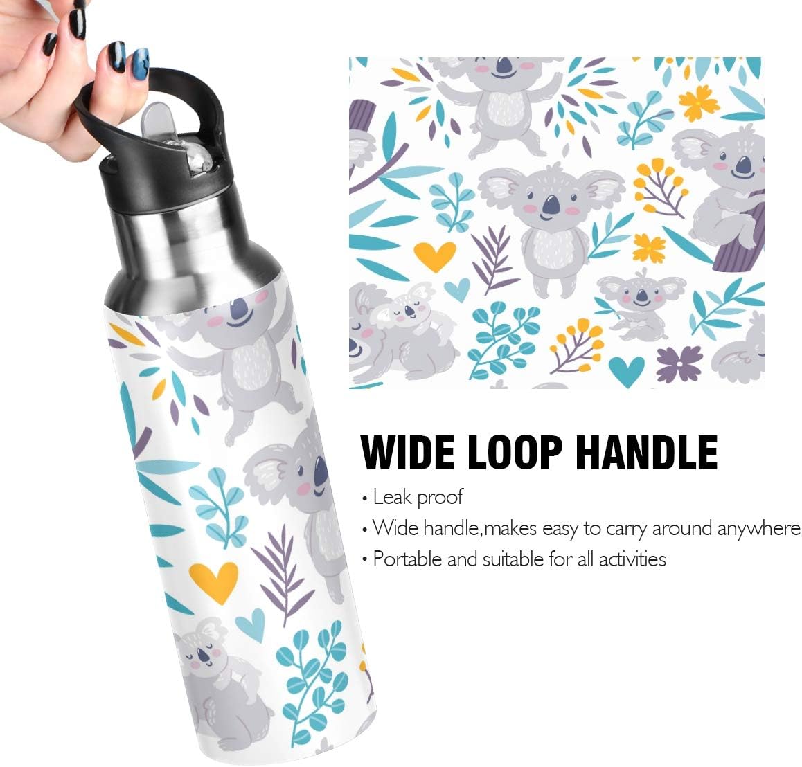Nander Cute Koala Bears Water Bottle 22oz Double Wall Vacuum Insulated Leak Proof Stainless Steel Sports Water Bottle with Straw and Easy to Carry - Image 4