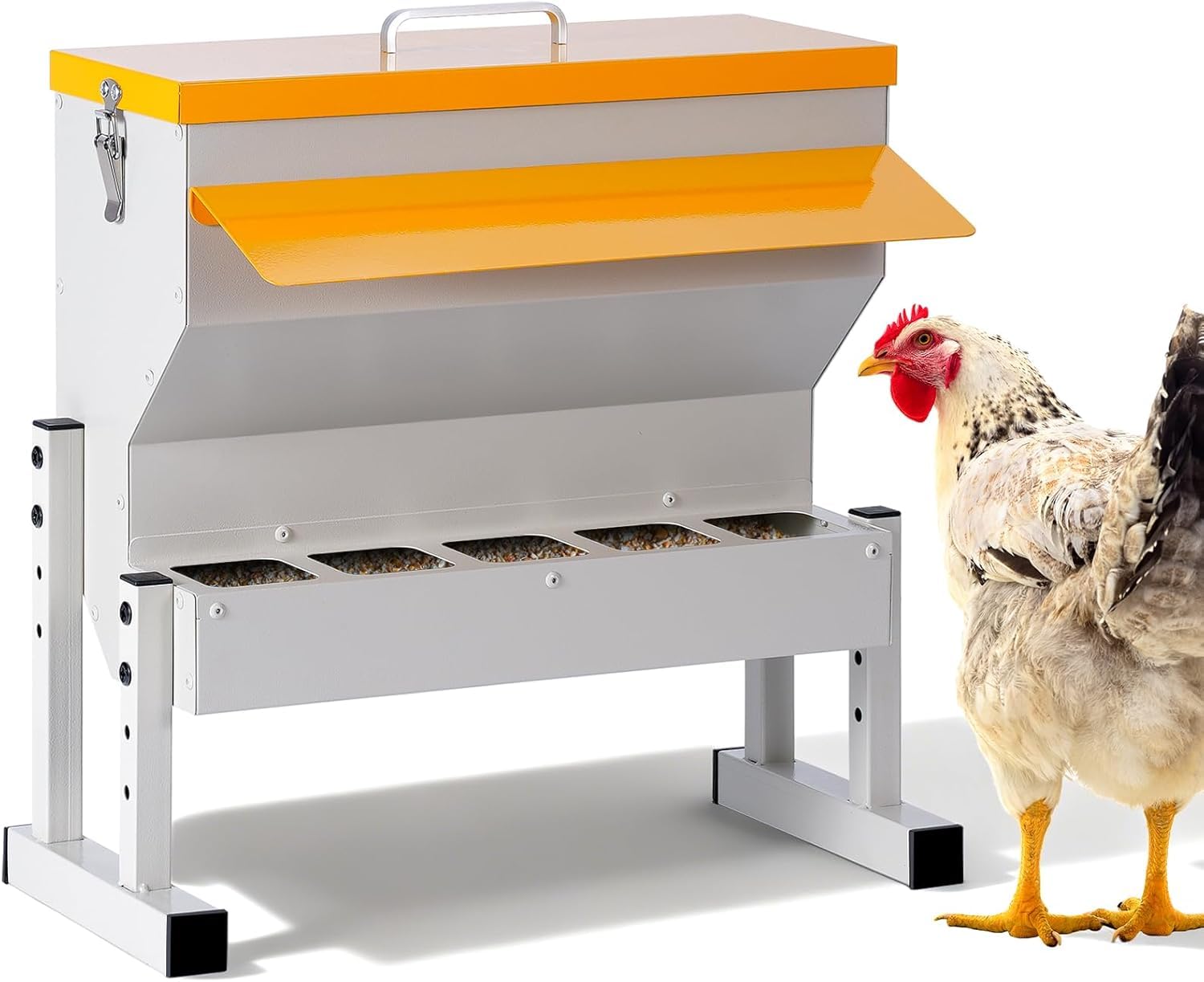 Automatyczny podajnik dla kurczaków, 5 kg, metalowy dozownik karmy dla drobiu, 5 portów do karmienia | Regulowane nogi, wiszące koryto do karmienia kurników na świeżym powietrzu, dla wielu kurczaków i kaczek