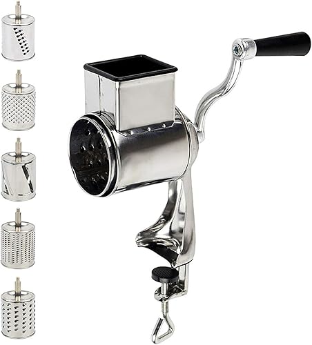 Rallador de queso giratorio manual – Rebanador redondo de verduras con 5 cuchillas intercambiables de acero inoxidable para verduras, nueces,