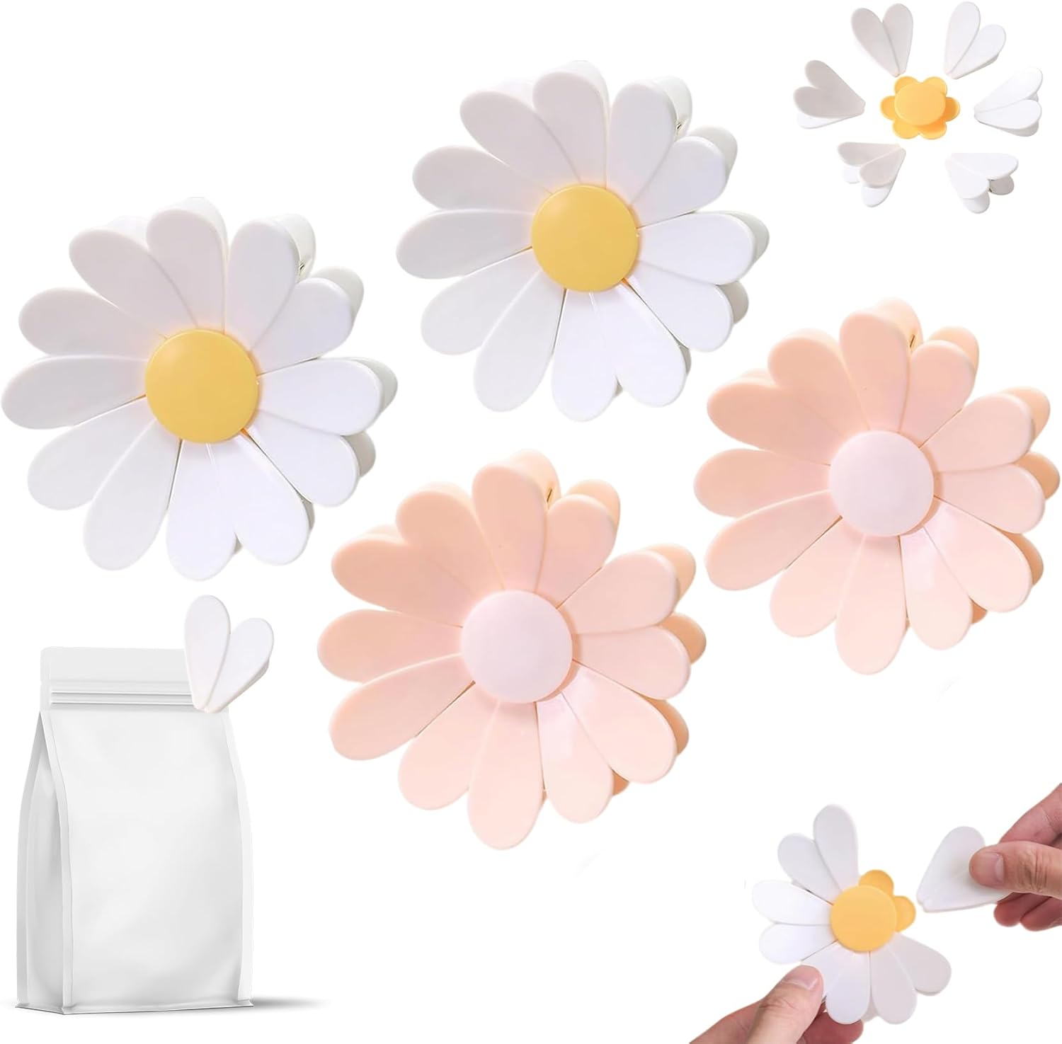 Cherry-Shaped Magnetic Food Clip & Fridge Magnet, Daisy Blossom Bag Clips, Magnetic Refrigerator Snack Sealing Clip for Snack, 1 Flower 6 Clips for Organizer,Kitchen,Office (4pcs)