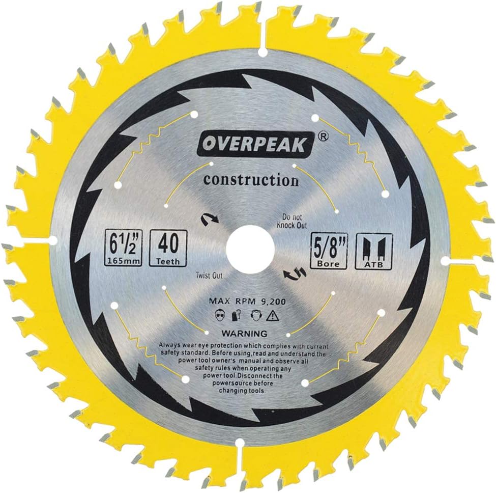 OVERPEAK 6-1/2 Inch Circular Saw Blade, 40 Tooth ATB General Purpose Ripping Crosscutting Carbide Saw Blades, 5/8" Arbor and PermaShield Coating