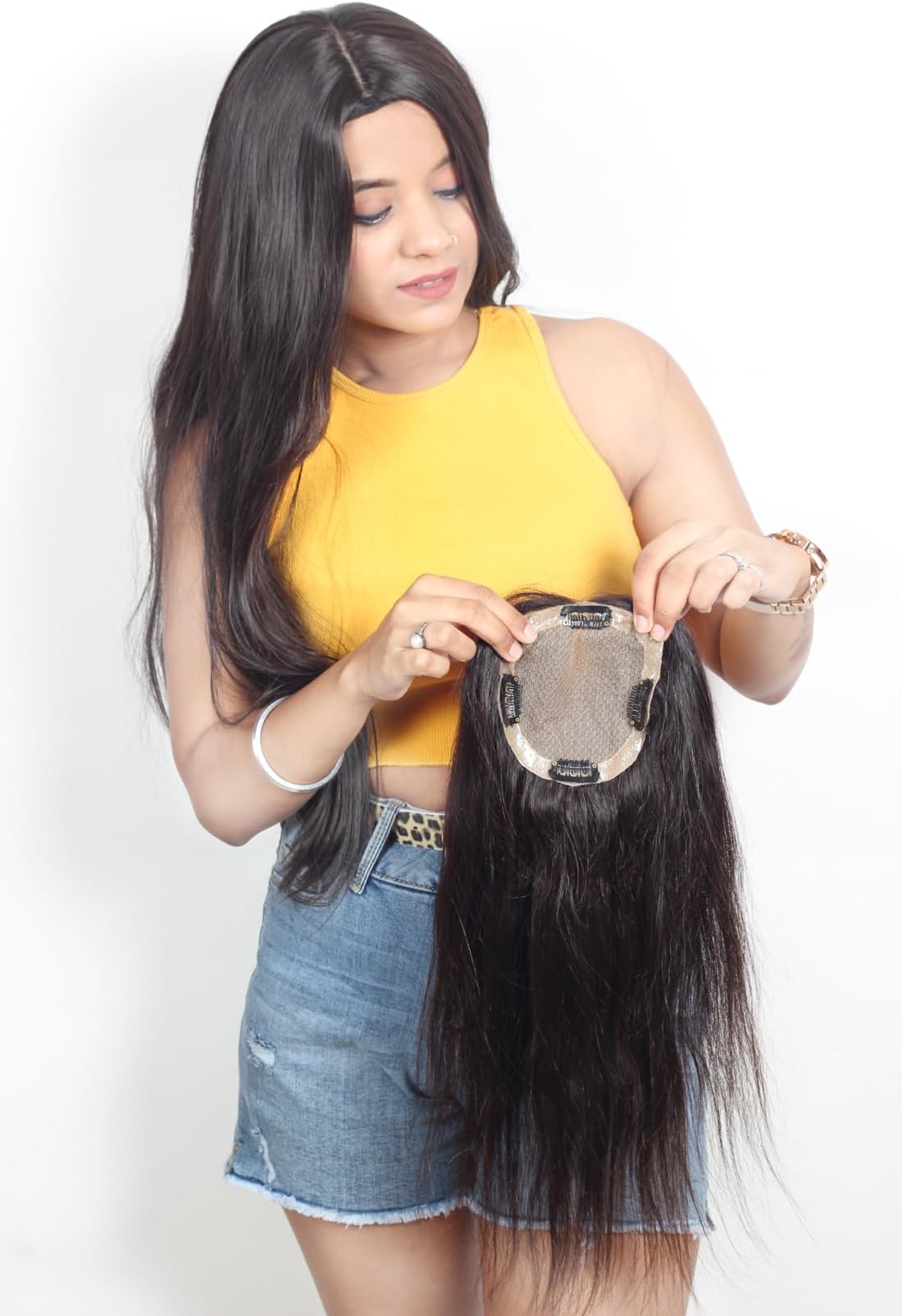 Women hair Topper/Patch Straight Double Knots Hair Pieces Natural remi Human Hair with MONOFILAMENT Base Hand Made Clip In Crown Hairpiece Cover Small Area Topper/Toupee Wigs For Women 20INCH (4X4)