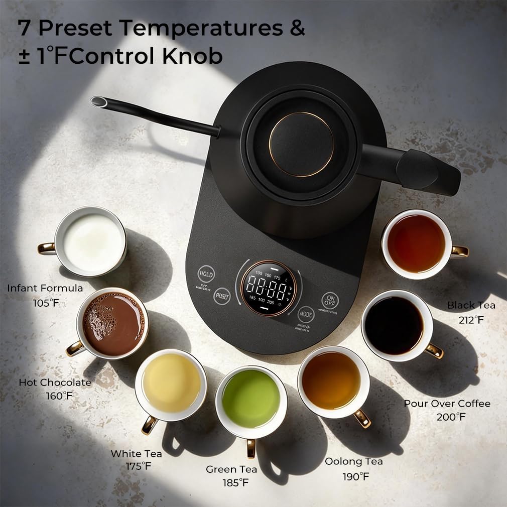 Electric Gooseneck Kettle with Temperature Control, 0.8L Pour Over Coffee, ±1°F Precision Heating, 7 Presets, Stainless Steel Inner, Electric Tea Kettle with 2H Keep Warm, Matte Black