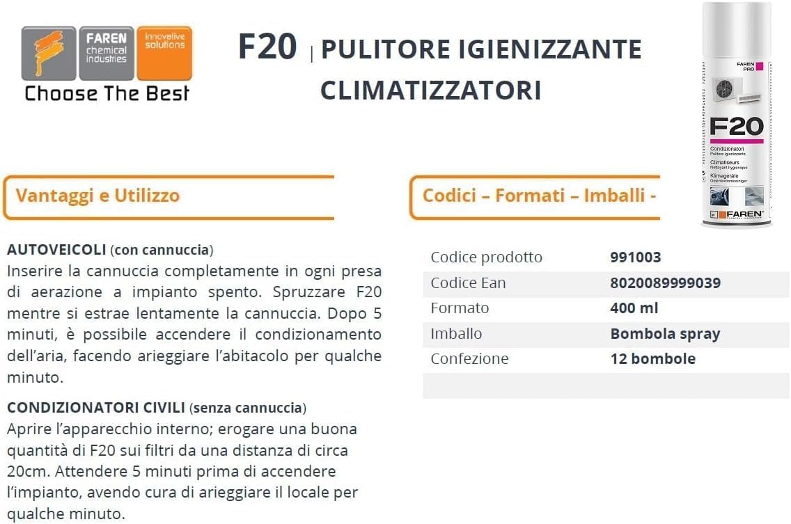 F20 Pulitore, Igienizzante Spray per Climatizzatori di Casa e Auto, gradevolmente profumato a base alcolica, Confezione da 12 Bombolette spray da 400ml