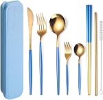 AARAINBOW 8 Pieces Stainless Steel Flatware Set Portable Reusable Cutlery Set Travel Utensils Set Including Chopsticks Knife Fork Spoon Straws Cleaning Brush Dishwasher Safe (Green Golden)