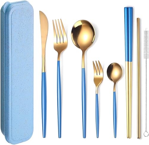 Miniatura 8 de AARAINBOW Juego de cubiertos de acero inoxidable de 8 piezas, portátil, reutilizable, juego de utensilios de viaje, incluye palillos, cuchillo,