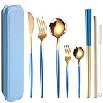AARAINBOW 8 Pieces Stainless Steel Flatware Set Portable Reusable Cutlery Set Travel Utensils Set Including Chopsticks Knife Fork Spoon Straws Cleaning Brush Dishwasher Safe (Blue Golden)