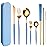 AARAINBOW 8 Pieces Stainless Steel Flatware Set Portable Reusable Cutlery Set Travel Utensils Set Including Chopsticks Knife Fork Spoon Straws Cleaning Brush Dishwasher Safe (Blue Golden)