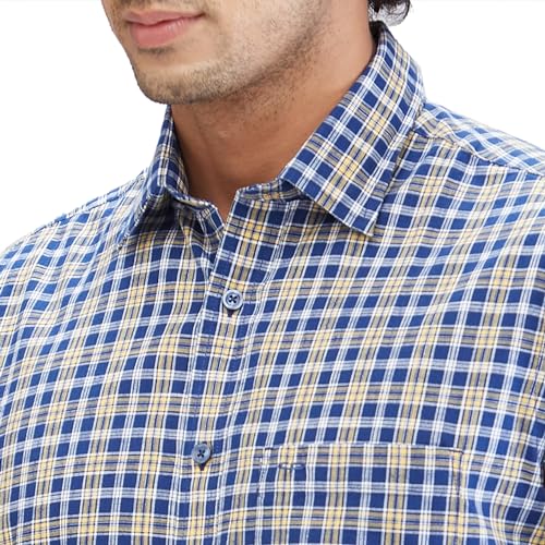 Image of Colorplus Men's Regular Fit Checks Pattern Pure Cotton Plain Collar Half Sleeve Casual Shirt