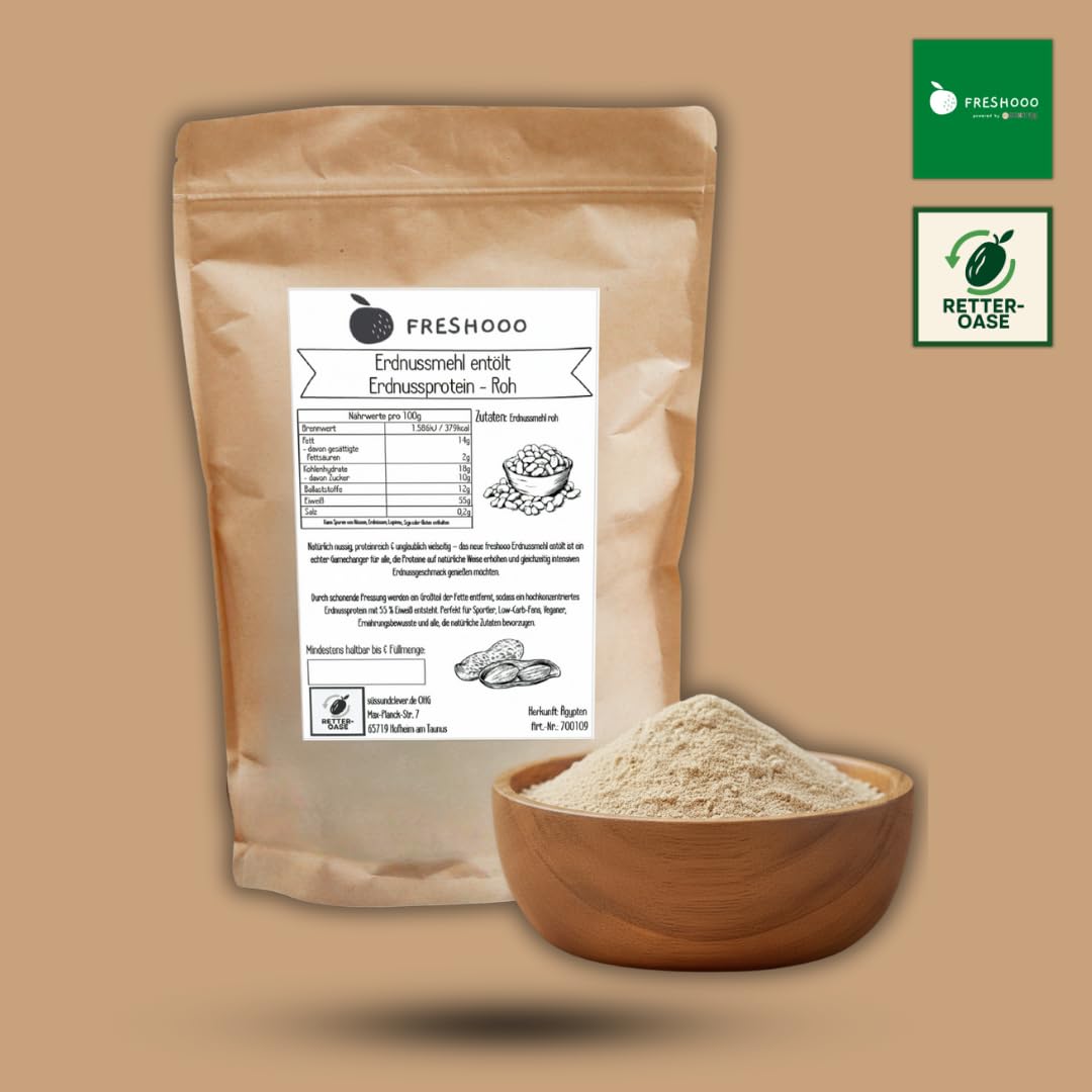 freshooo® Erdnussmehl entölt & roh | 1,0 kg | Erdnussprotein | 55% Protein | ökologisch-nachhaltig abgepackt