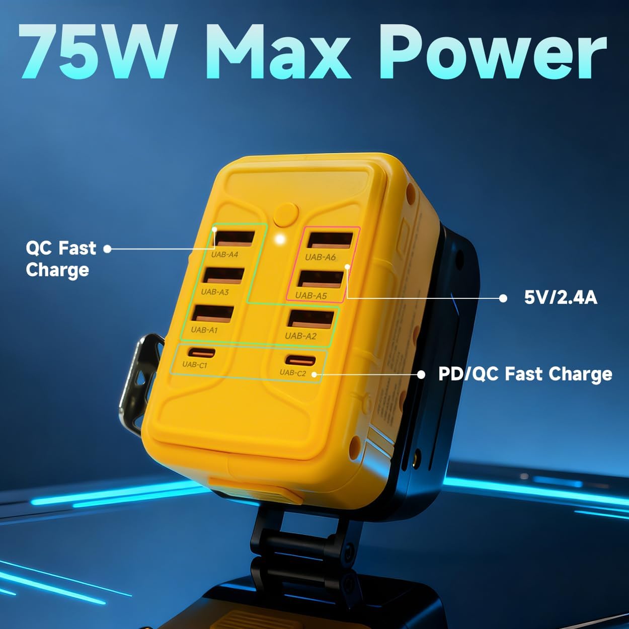 USB Charger Adapter for DEWALT Battery - 75W 8-Charging Ports, PD/QC Fast Charge for Smart Phone, Tablet, Laptop and More