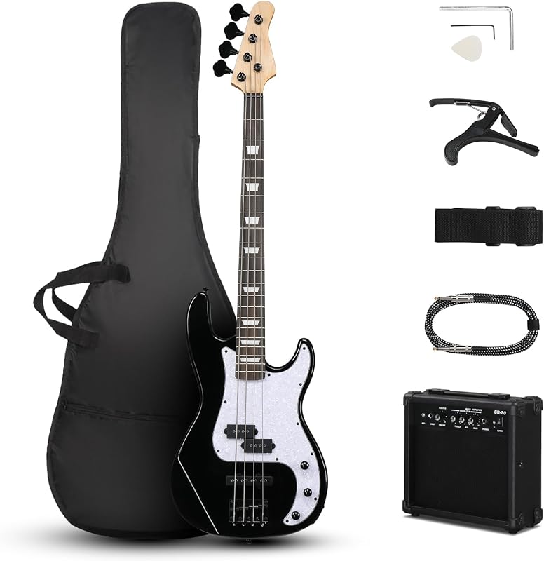 4 String Electric Bass Guitar, Full-Size Right-Handed Beginner Kit | Solid Wood Body & Fantastic Hand Feeling | Includes 20W Amp, Cable, Strap, Pick and Wrench (Classic Black)