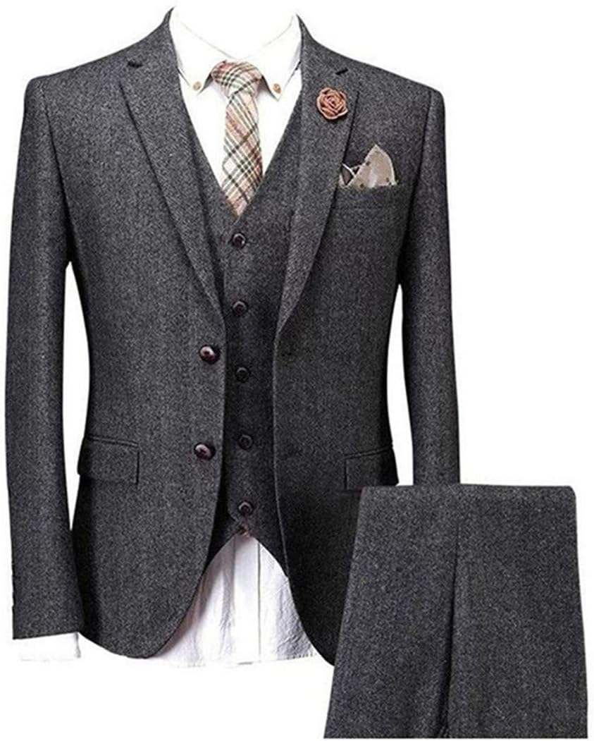 Solid Charcoal Classic Vintage Tweed Herringbone Wool Blend Tailored Men Suit 3 Pieces