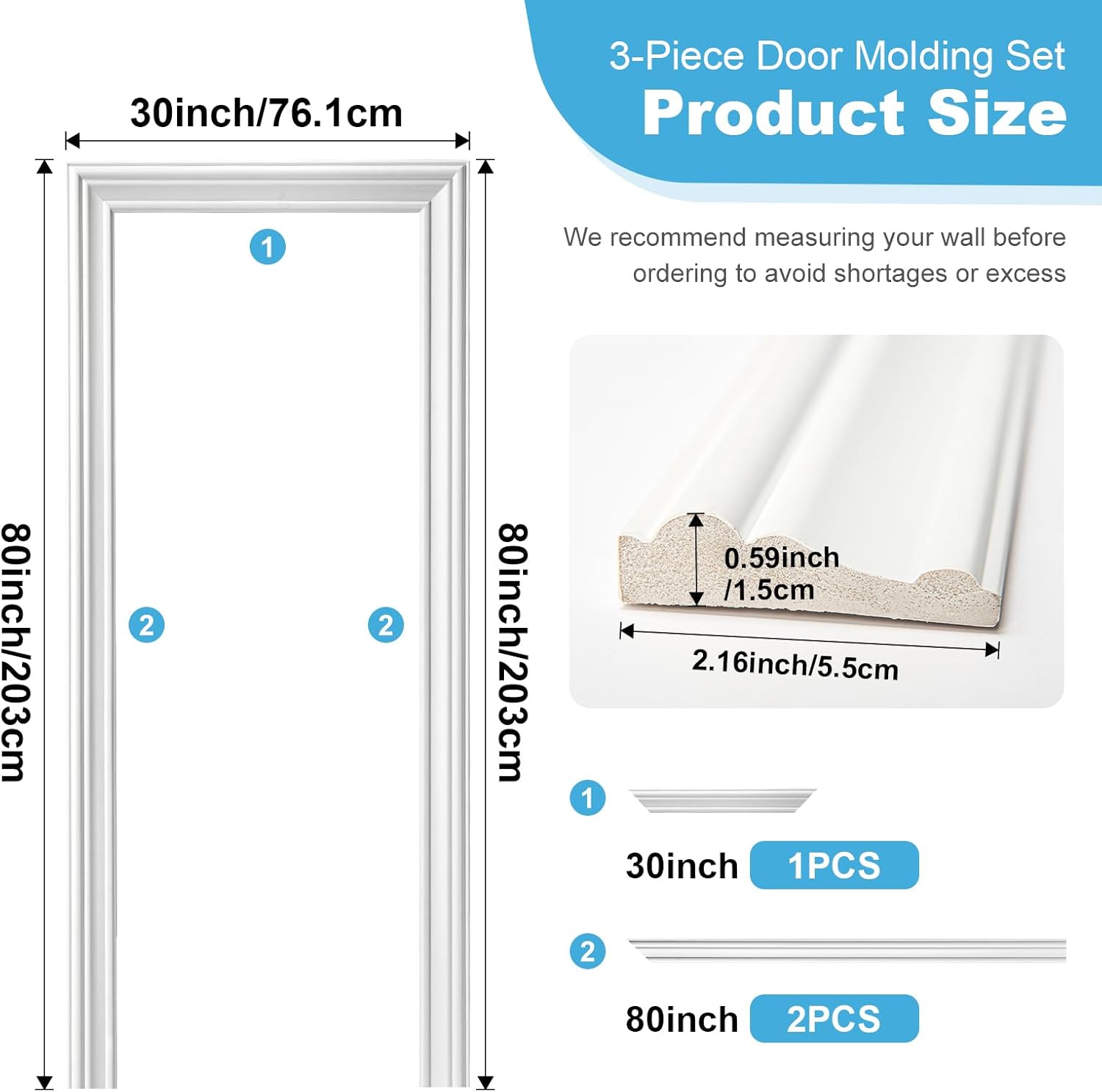 art3d door frame trim kit,decorative polyester door trim molding, maintenance-free, seals out dirt, bugs, wind, snow, and water, suitable for outdoor and indoor use, 80" x 30" x 2" white 3-piece set