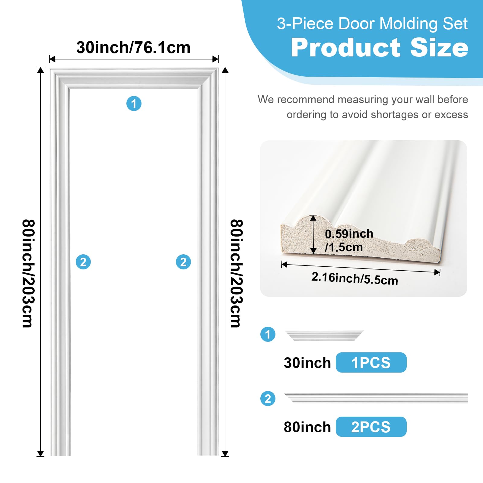 Condition photo showing New/Like New for Art3d Door Frame Trim Kit,Decorative Polyester Door Trim Molding, Maintenance-Free, Seals Out Dirt, Bugs, Wind, Snow, and Water, Suitable for Outdoor and Indoor Use, 80" x 30" x 2" White 3-Piece Set