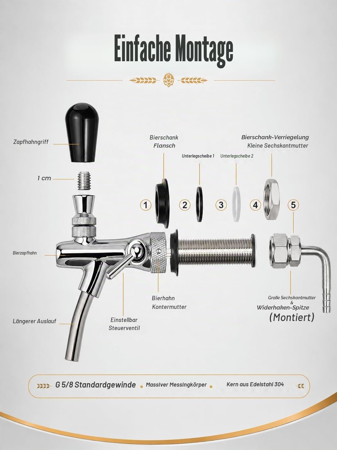VOBOR Bier Zapfhahn, G5/8 Einstellbarer Bierhahn, Verstellbare Fassbierhahn, Brewing Zubehör für Hause Bar Restaurants