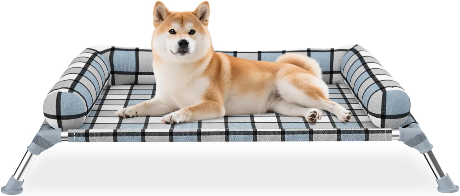 Elevated Pillow Bolster Dog Bed - Raised Dog Beds with Bolster Portable Lifted Washable Pet Cot Bed with Stainless Steel Frame Dogs Hammock Bed for Indoor & Outdoor (Bolster M)