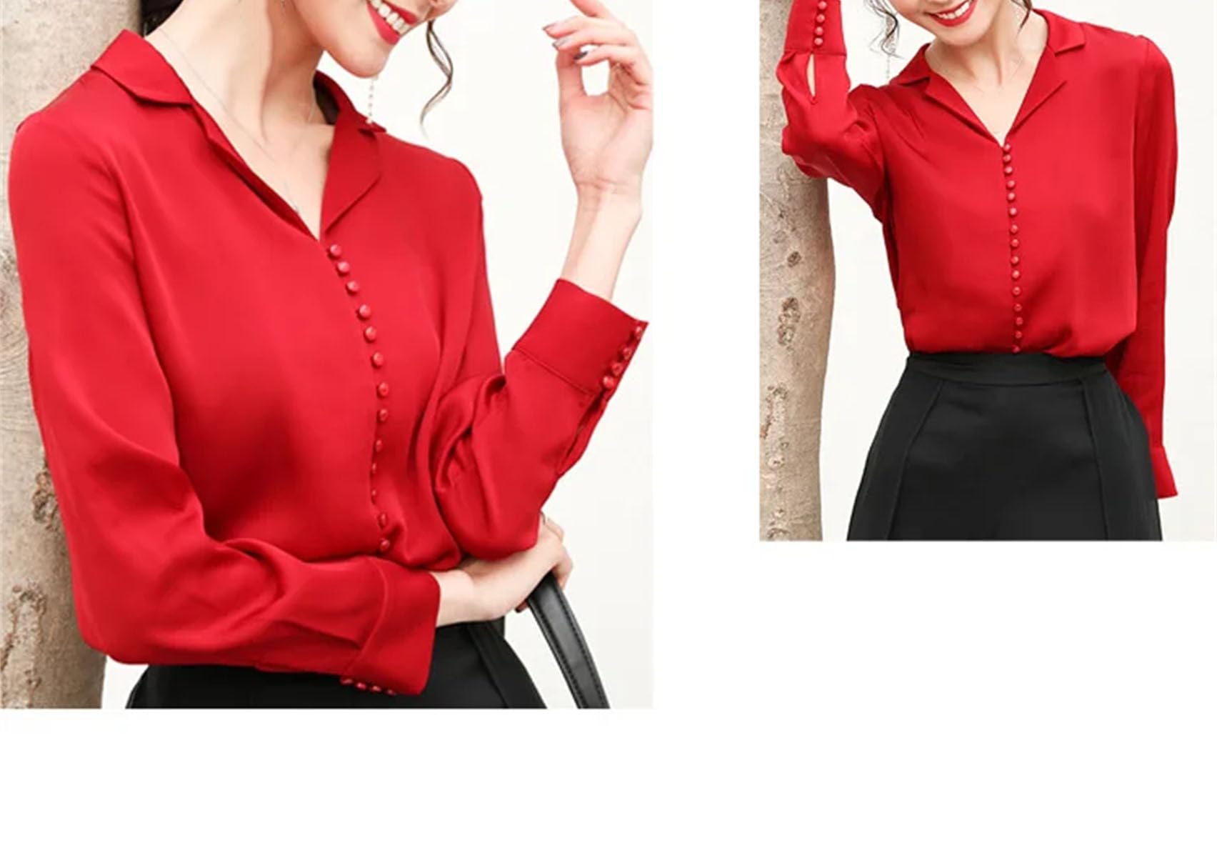 Camisa de manga larga de seda con solapa para mujer, para negocios, oficina, cuello en V, ajustada