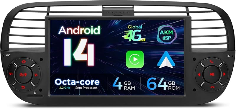 XTRONS 7" Android 14 1 Din Car Stereo 4+64GB for Fiat 500(2007-2015) Black, Octa-Core Radio Player, Built-in 4G ASM DSP 2K CarAutoPlay Android Auto GPS Navigation Bluetooth 5.0 New UI, Optional DAB+