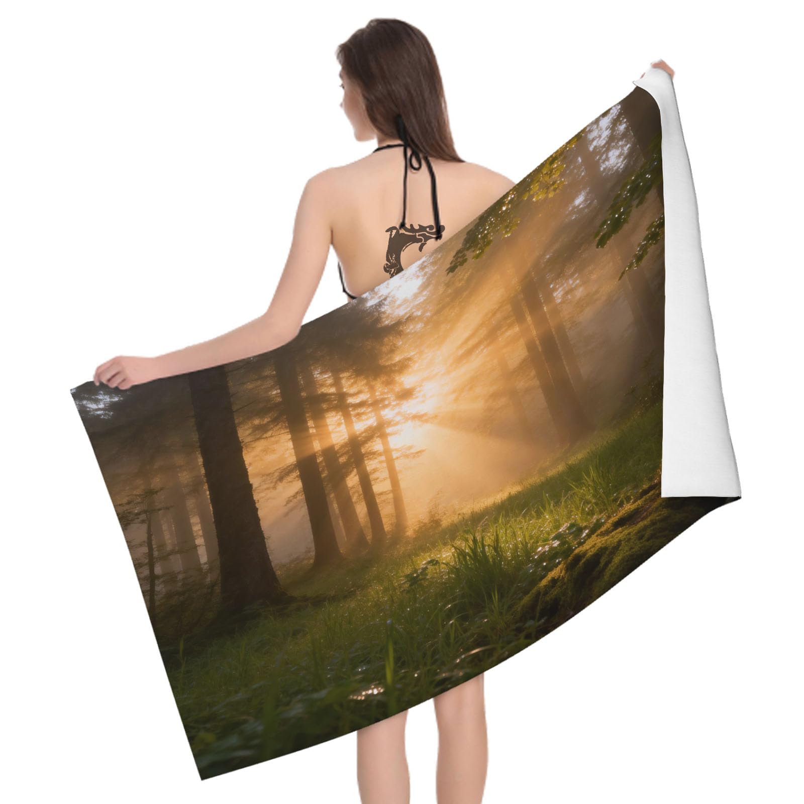 Leichong 3D Misty Woods Beach Towel Microfiber Soft Quick Dry for Adults, Green Vegetation Bath Towel Lightweight Soft Absorbent for Travel Swimming Pool Sports, 75 x 150 cm