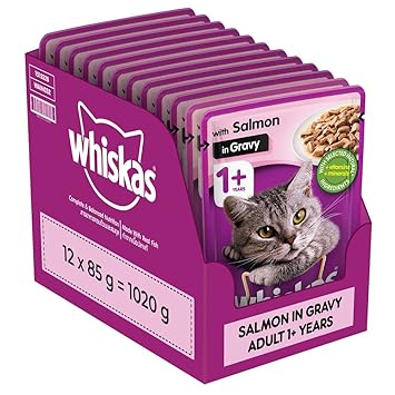 Whiskas Wet Food for Adult Cats (1+Years), Salmon in Gravy Flavour, 12 Pouches (12 x 85g)