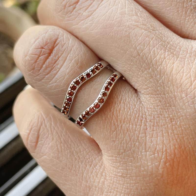 Round Cut Red Garnet Contour Curve Wedding Band For Women, 14k Gold Finish ladise Red Garnet Enhancer Guard Matching Band, 925 Silver January Birthstone Ring