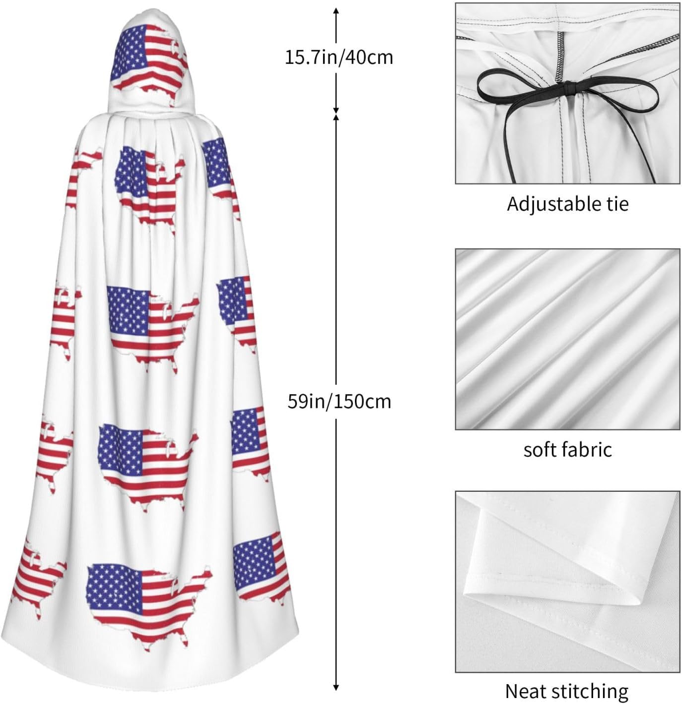 USA Flag Map print Halloween Hooded Robe Cloak for Adult Men Women Wizard Vampire Knight Fancy Cape Costume