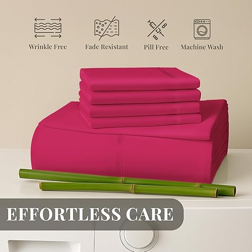 Miniatura 8 de Sacred Thread Juego de sábanas de bambú de 6 piezas, juego de ropa de cama y funda de almohada con bolsillos profundos, ropa de cama de hotel suave